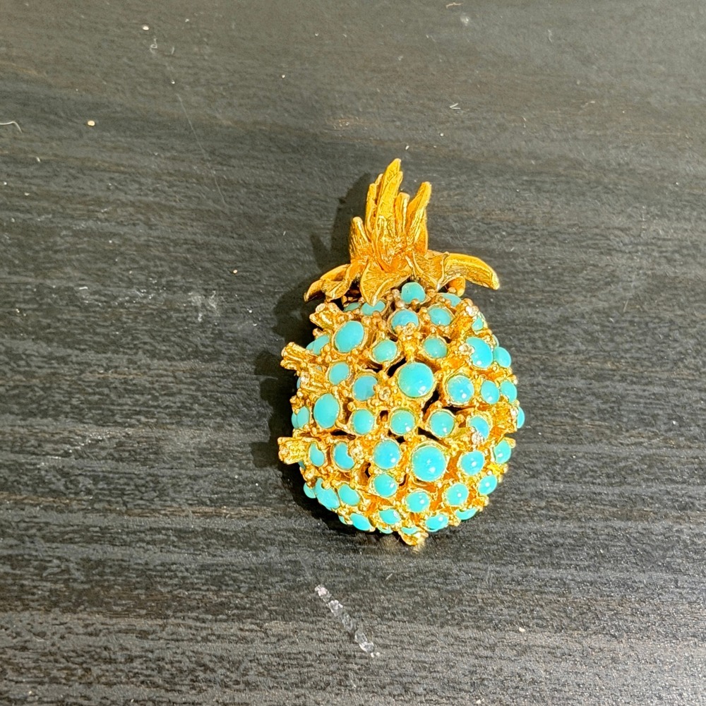Alice Caviness Vintage Pineapple Brooch Pin Turquoise Cabochon & Rhinestones